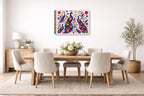 Peacocks - Abstract Geometric Painting printed on canvas wall art displayed on a wall in the dinning room