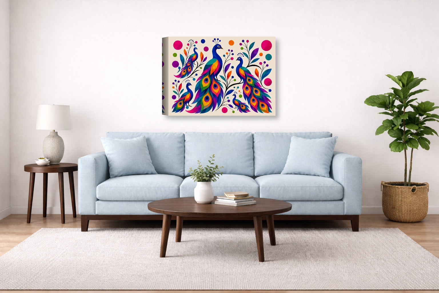 Peacocks - Abstract Geometric Painting printed on canvas wall art displayed above a couch in a living room