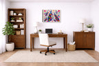 Peacocks - Abstract Geometric Painting printed on canvas wall art displayed on a wall in a a home office.
