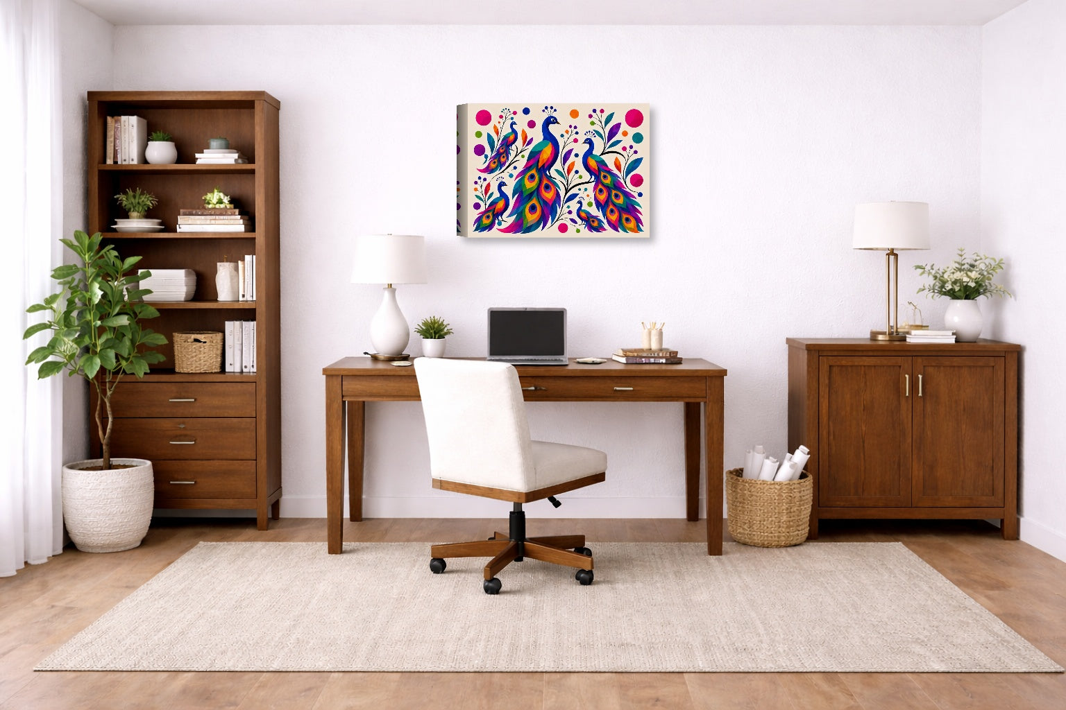Peacocks - Abstract Geometric Painting printed on canvas wall art displayed on a wall in a a home office.