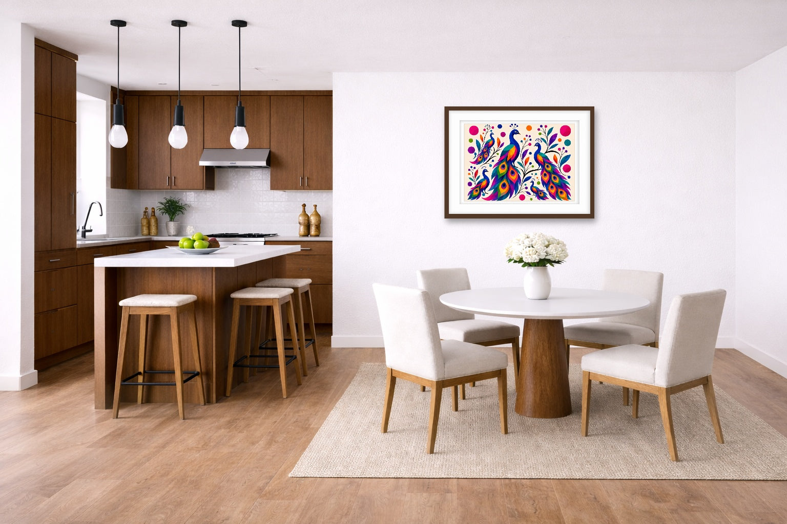 Peacocks - Abstract Geometric Painting printed on fine art paper, framed on a espresso frame and matted. Hung on a living kitchen-dinette wall.