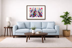 Peacocks - Abstract Geometric Painting printed on fine art paper, framed on a espresso frame and matted. Hung on a living room wall