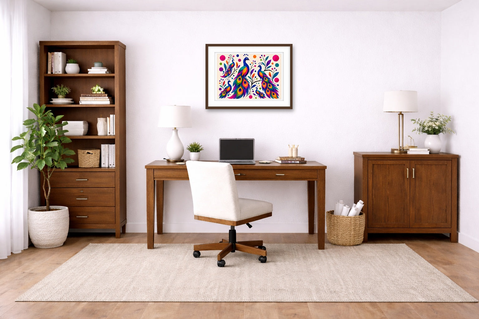 Peacocks - Abstract Geometric Painting printed on fine art paper, framed on a espresso frame and matted. Hung on a living home office wall.