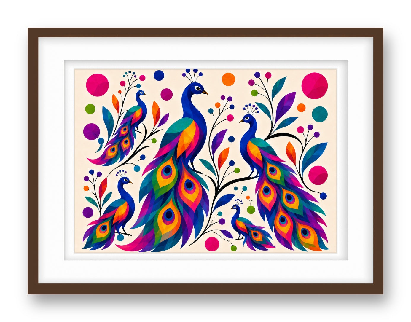 Peacocks printed on fine art paper, framed on a espresso frame and matted.