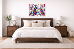 Peacocks - Abstract Geometric Painting printed on aluminum metal with wall anchors. Hung on a bedroom wall.