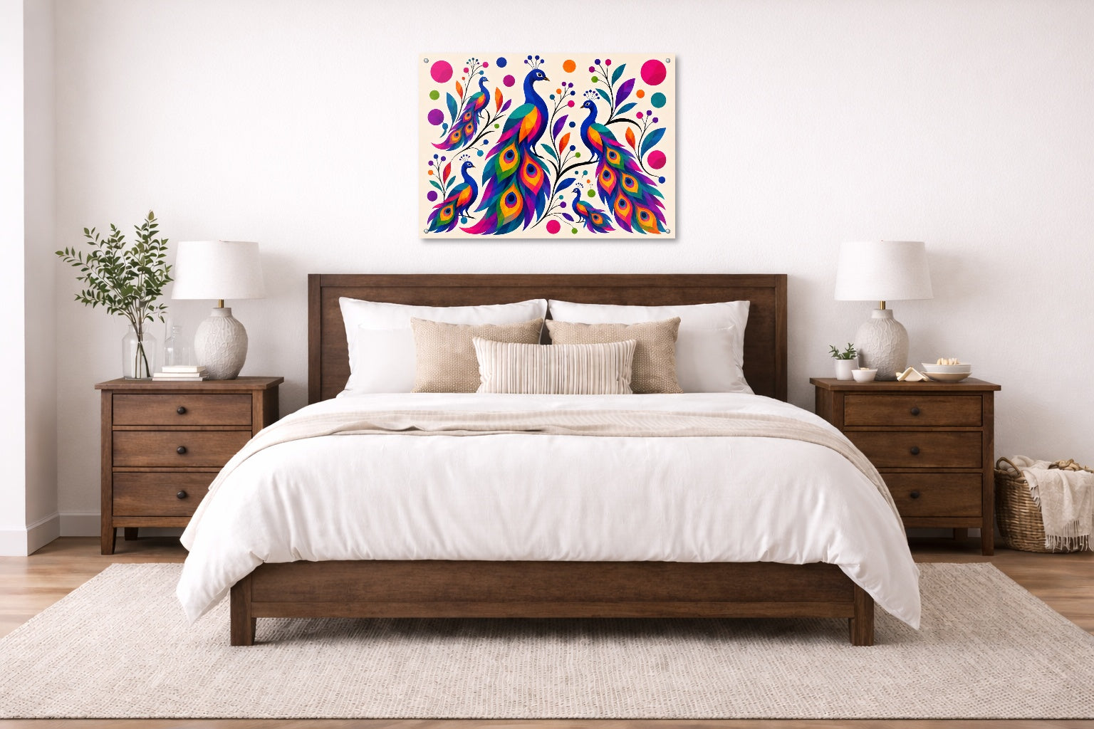 Peacocks - Abstract Geometric Painting printed on aluminum metal with wall anchors. Hung on a bedroom wall.