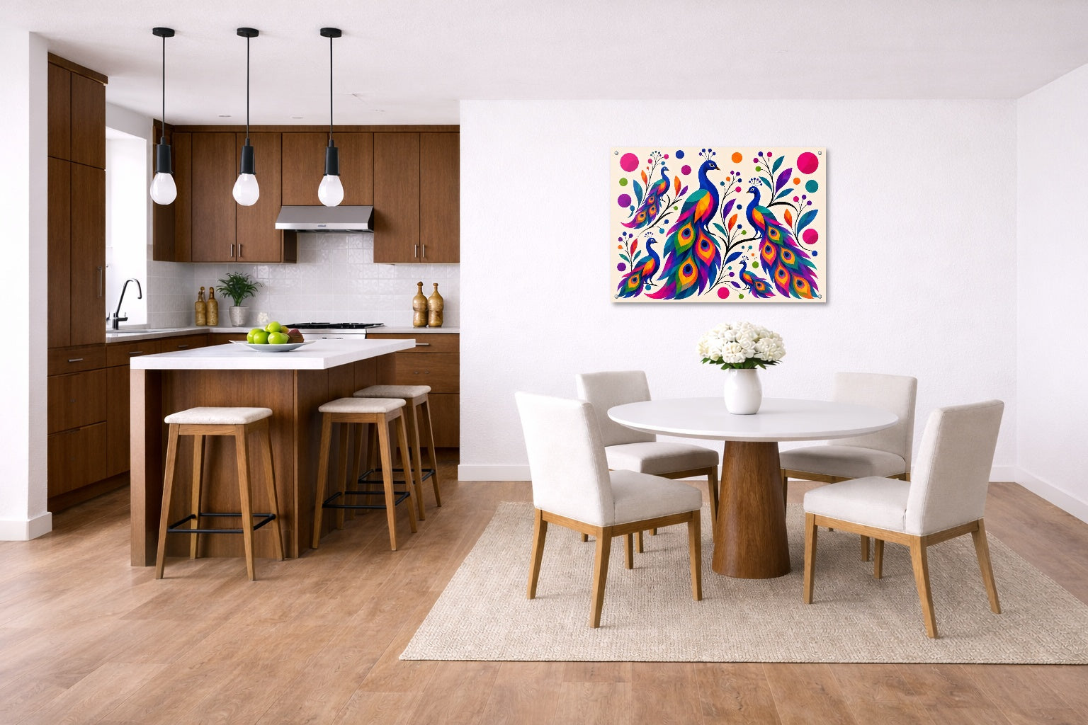 Peacocks - Abstract Geometric Painting printed on aluminum metal with wall anchors. Hung on a kitchen-dinette wall.
