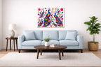 Peacocks - Abstract Geometric Painting printed on aluminum metal with wall anchors. Hung on a living room wall.