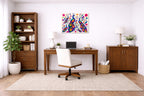 Peacocks - Abstract Geometric Painting printed on aluminum metal with wall anchors. Hung on a office wall.