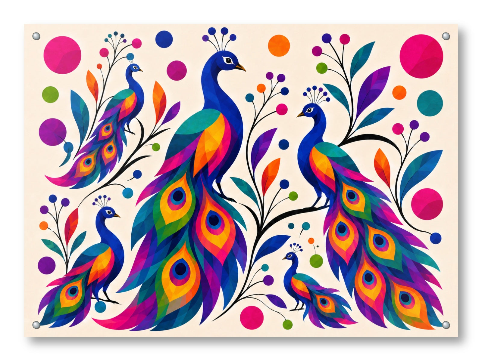 Peacocks printed on aluminum metal with wall anchors.