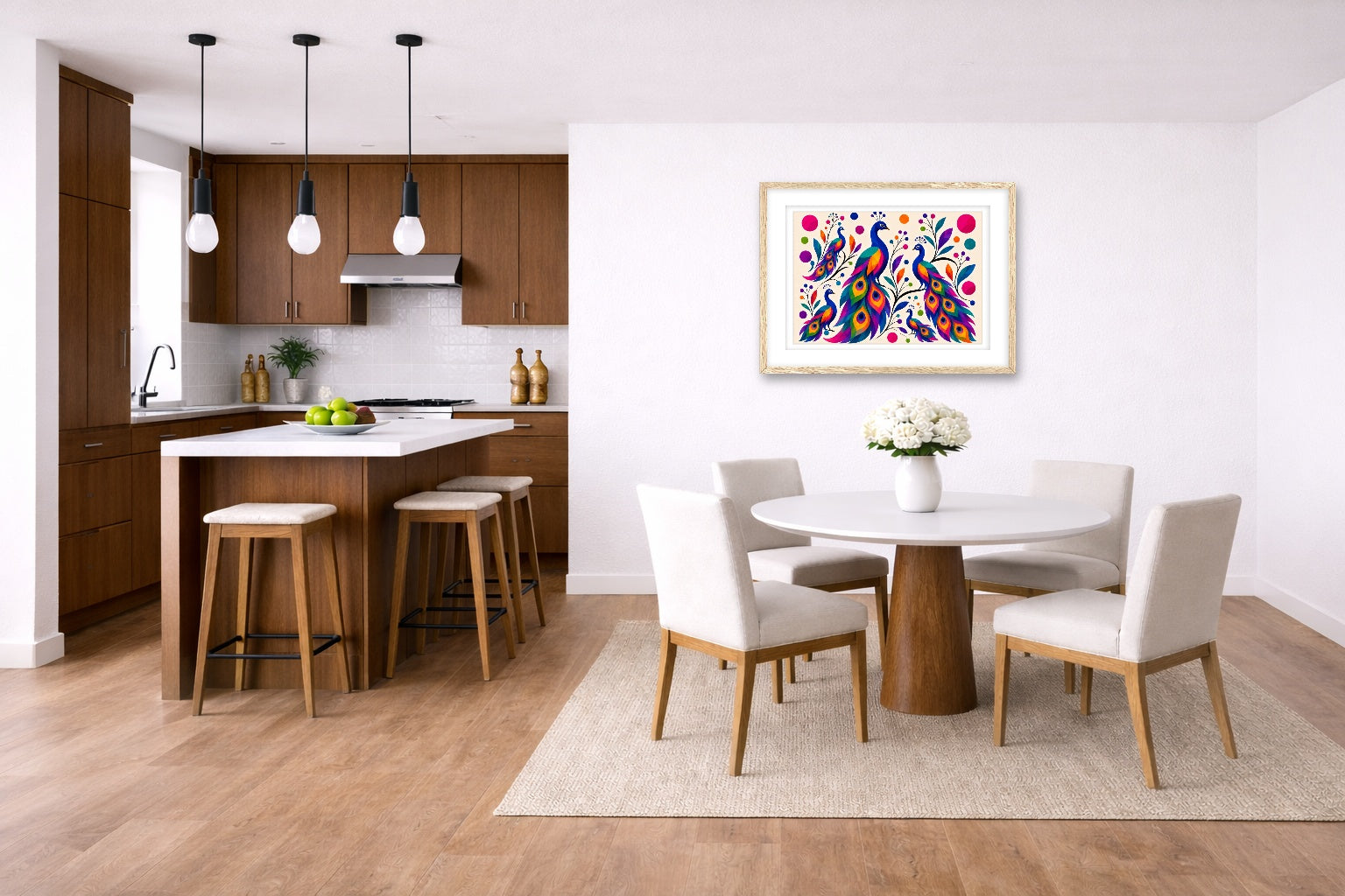 Peacocks - Abstract Geometric Painting printed on fine art paper, framed on a oak frame and matted. Hung on a kitchen-dinette wall.