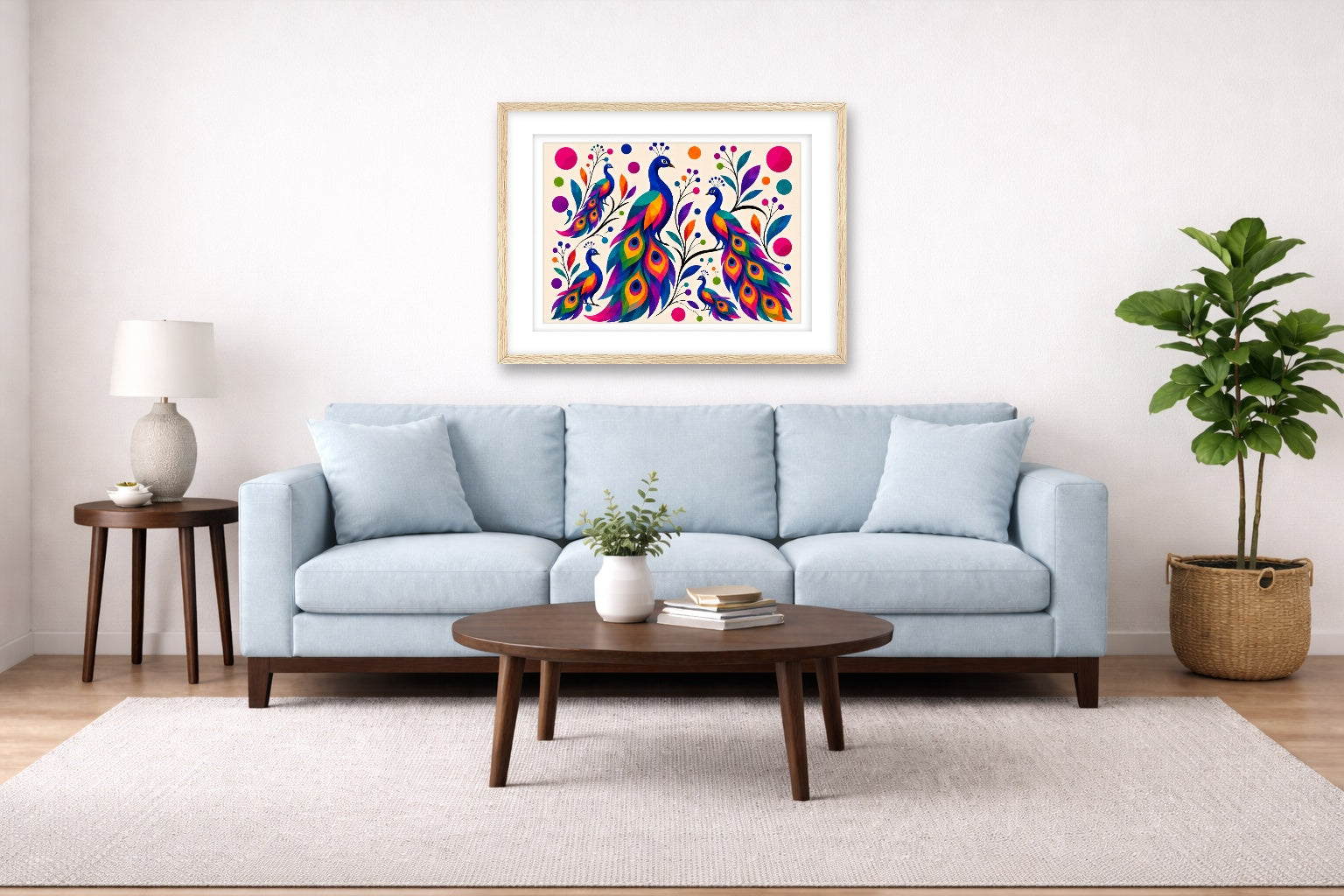 Peacocks - Abstract Geometric Painting printed on fine art paper, framed on a oak frame and matted. Hung on a living room wall.