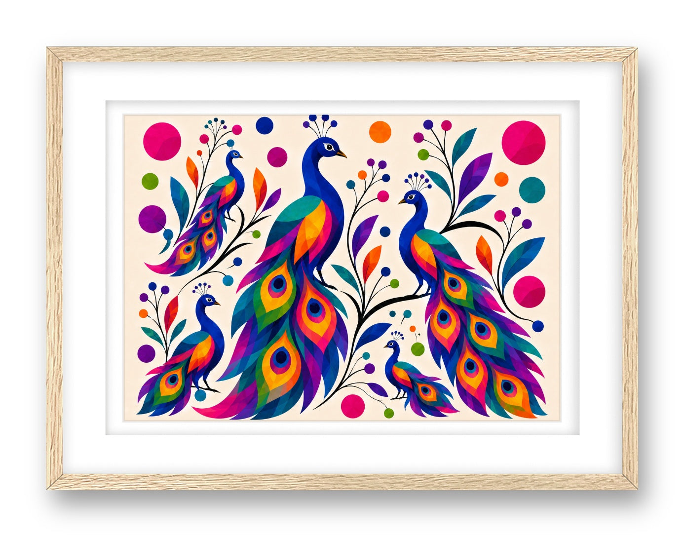 Peacocks printed on fine art paper, framed on a oak frame and matted.