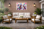 Peacocks - Abstract Geometric Painting printed on water resistant canvas and mounted on a waterproof frame. Hung on a patio wall.
