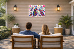 Peacocks - Abstract Geometric Painting printed on water resistant canvas and mounted on a waterproof frame. Hung on a patio wall with couple.