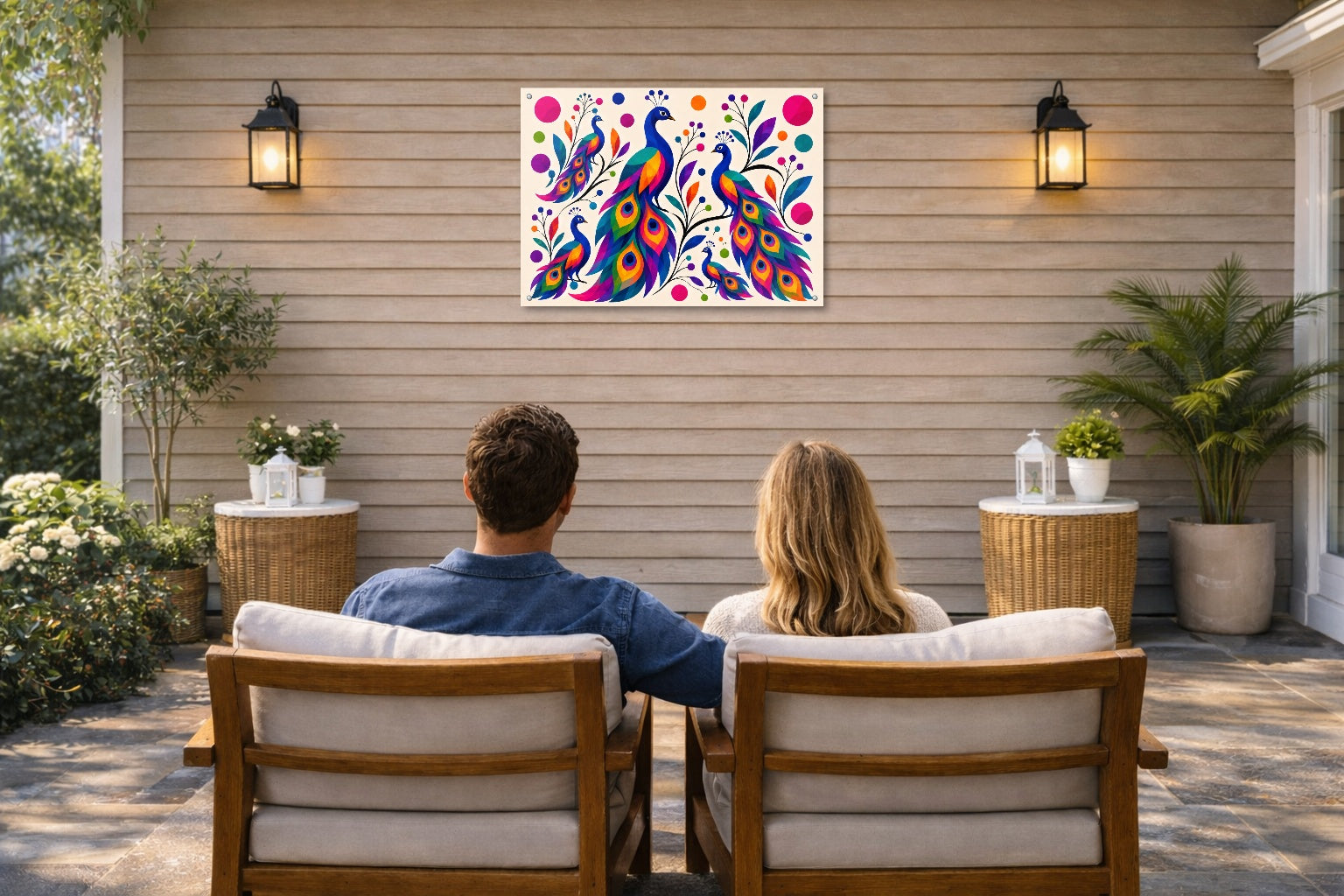 Peacocks - Abstract Geometric Painting printed on water resistant canvas and mounted on a waterproof frame. Hung on a patio wall with couple.