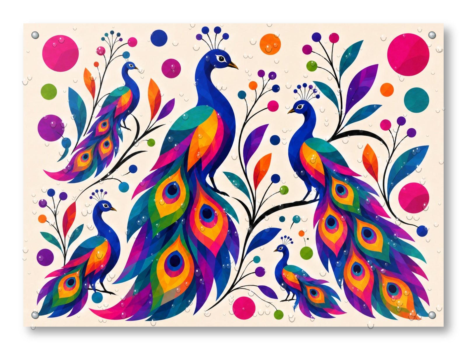 Peacocks - Abstract Geometric Painting printed on water resistant canvas and mounted on a waterproof frame.