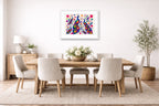 Peacocks - Abstract Geometric Painting printed on fine art paper, framed on a white frame and matted. Hung on a dining room wall.