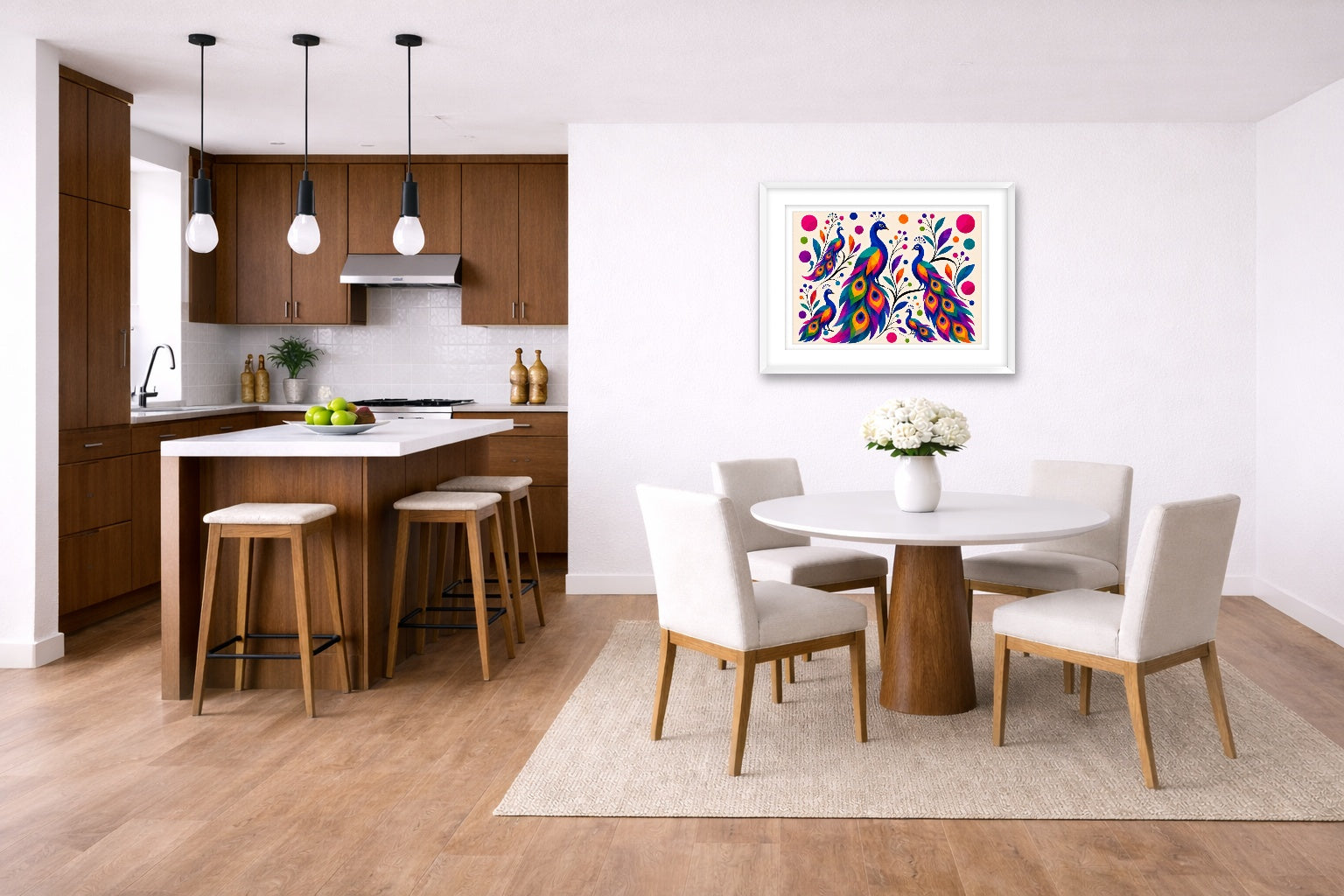 Peacocks - Abstract Geometric Painting printed on fine art paper, framed on a white frame and matted. Hung on a kitchen-dinette wall.