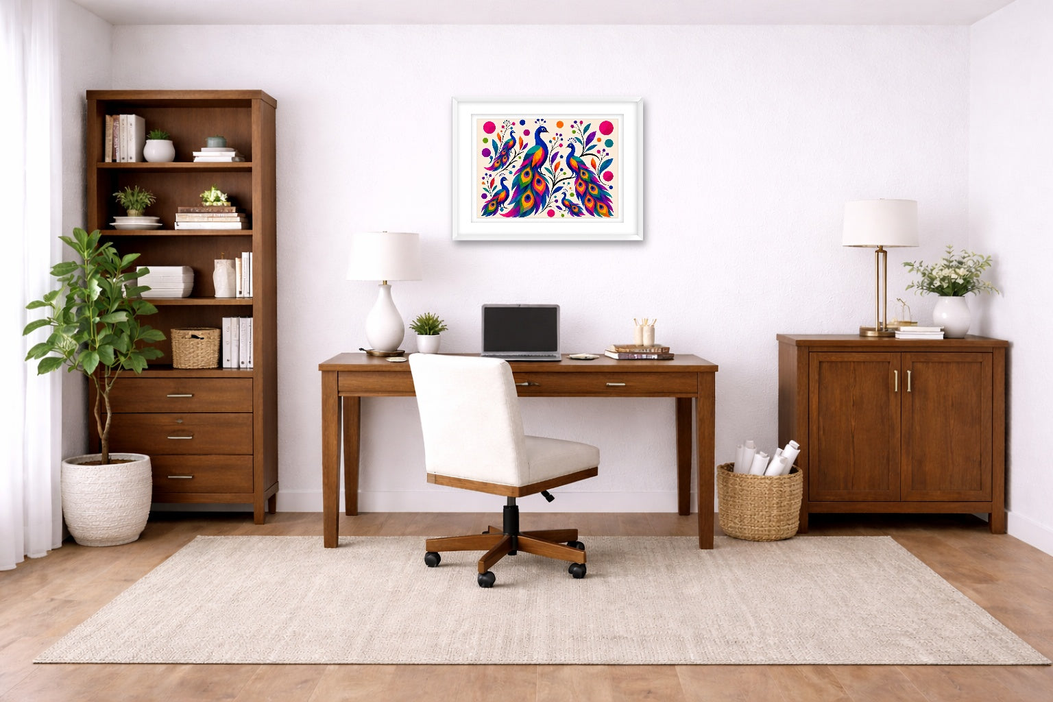 Peacocks - Abstract Geometric Painting printed on fine art paper, framed on a white frame and matted. Hung on a home office wall.
