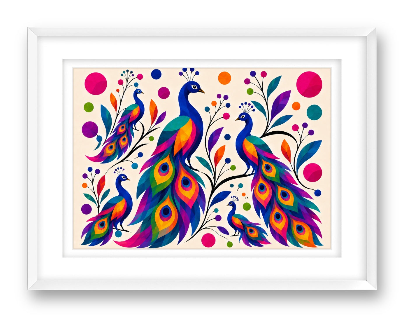 Peacocks printed on fine art paper, framed on a white frame and matted.