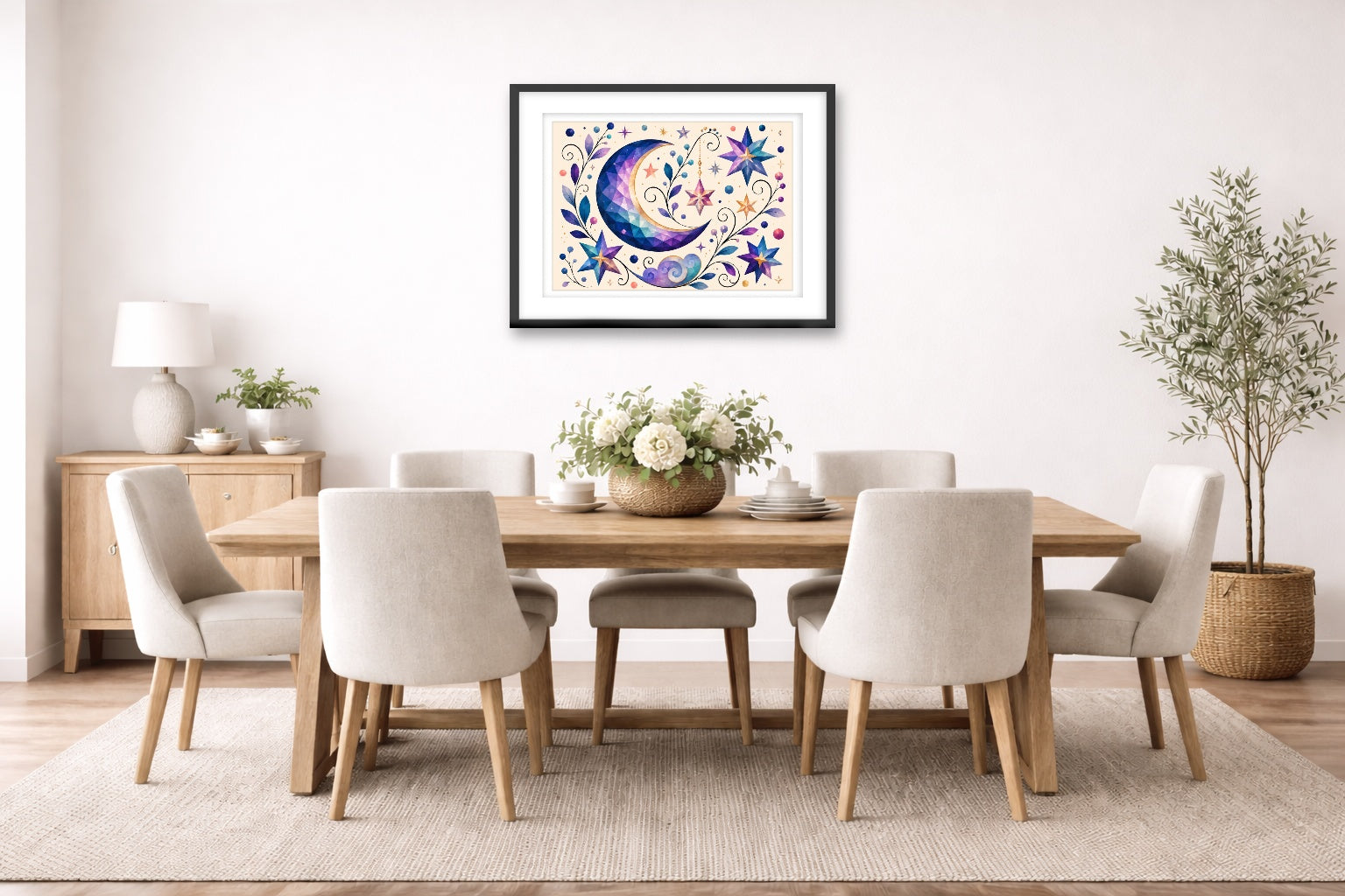 Moon & Stars - Geometric Painting printed on fine art paper, framed on a black frame and matted and hung on a dining room wall.