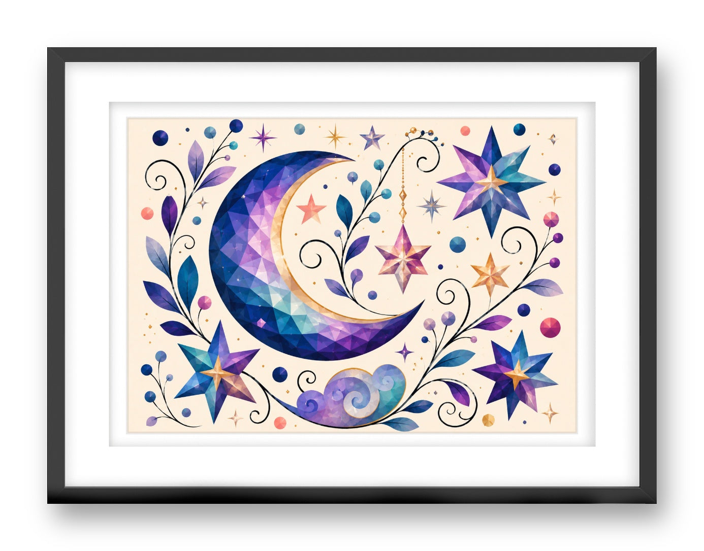 Moon & Stars - Geometric Painting printed on fine art paper, framed on a black frame and matted.