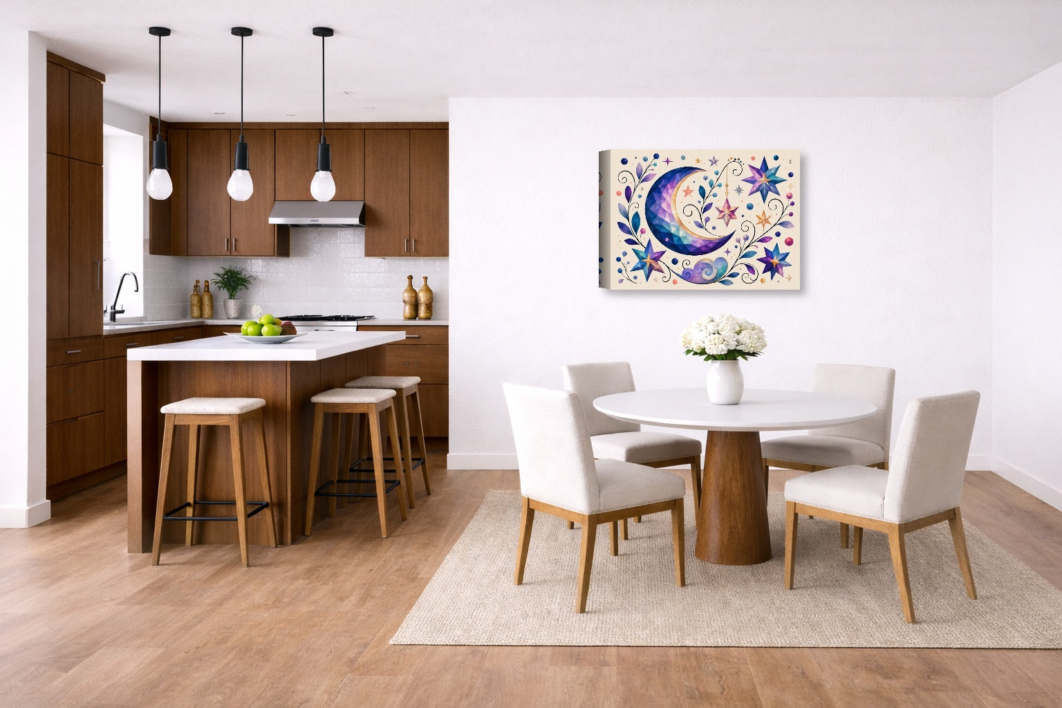 Moon & Stars - Geometric Painting printed on canvas wall art displayed on a wall in a dinette.
