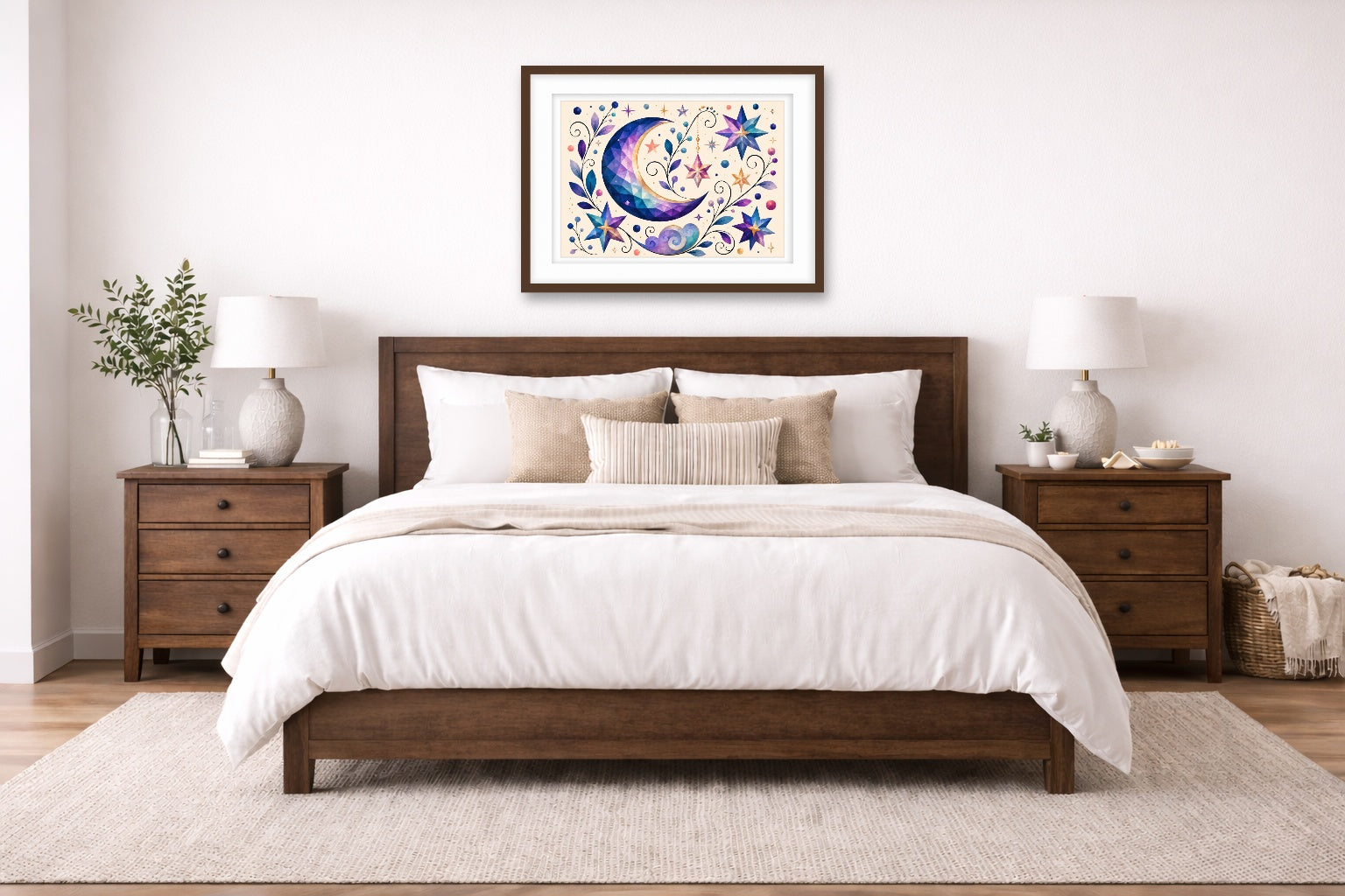 Moon & Stars - Geometric Painting printed on fine art paper, framed on a espresso frame and matted. Hung on a living bedroom wall.