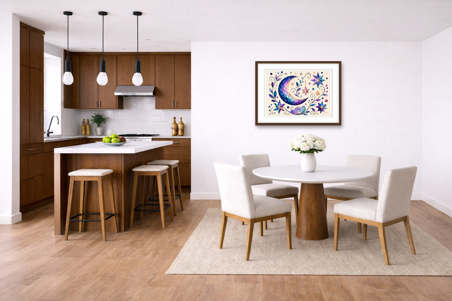 Moon & Stars - Geometric Painting printed on fine art paper, framed on a espresso frame and matted. Hung on a living kitchen-dinette wall.