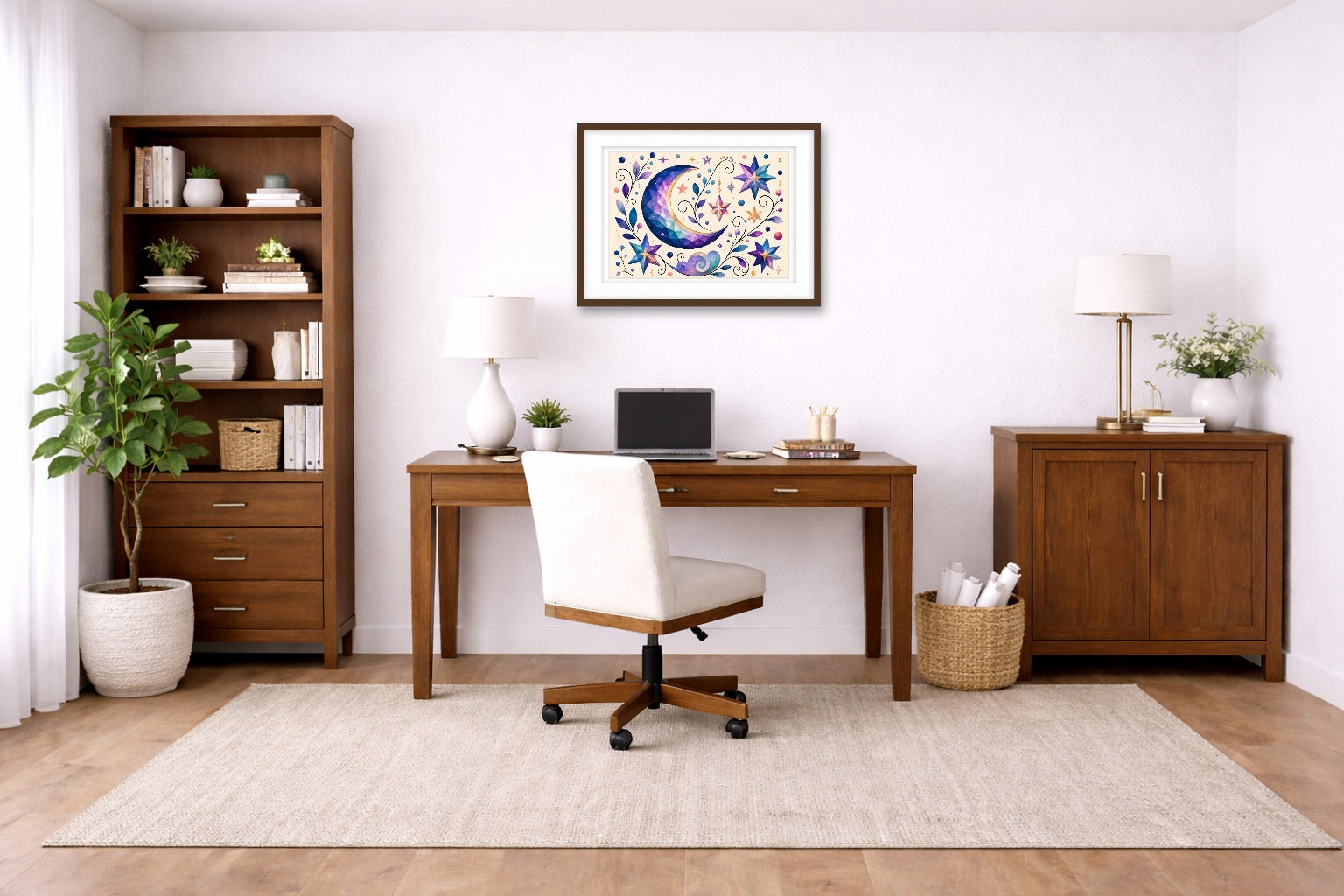 Moon & Stars - Geometric Painting printed on fine art paper, framed on a espresso frame and matted. Hung on a living home office wall.