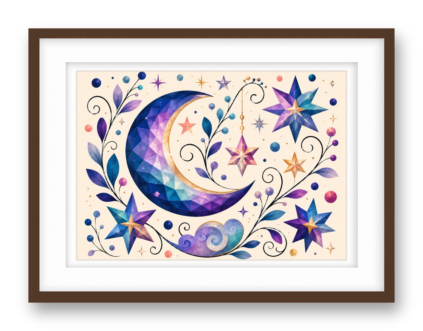 Moon & Stars - Geometric Painting printed on fine art paper, framed on a espresso frame and matted.