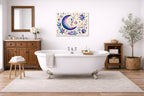 Moon & Stars - Geometric Painting printed on aluminum metal with wall anchors. Hung on a bathroom wall.