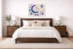 Moon & Stars - Geometric Painting printed on aluminum metal with wall anchors. Hung on a bedroom wall.