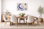 Moon & Stars - Geometric Painting printed on aluminum metal with wall anchors. Hung on a dining room wall.