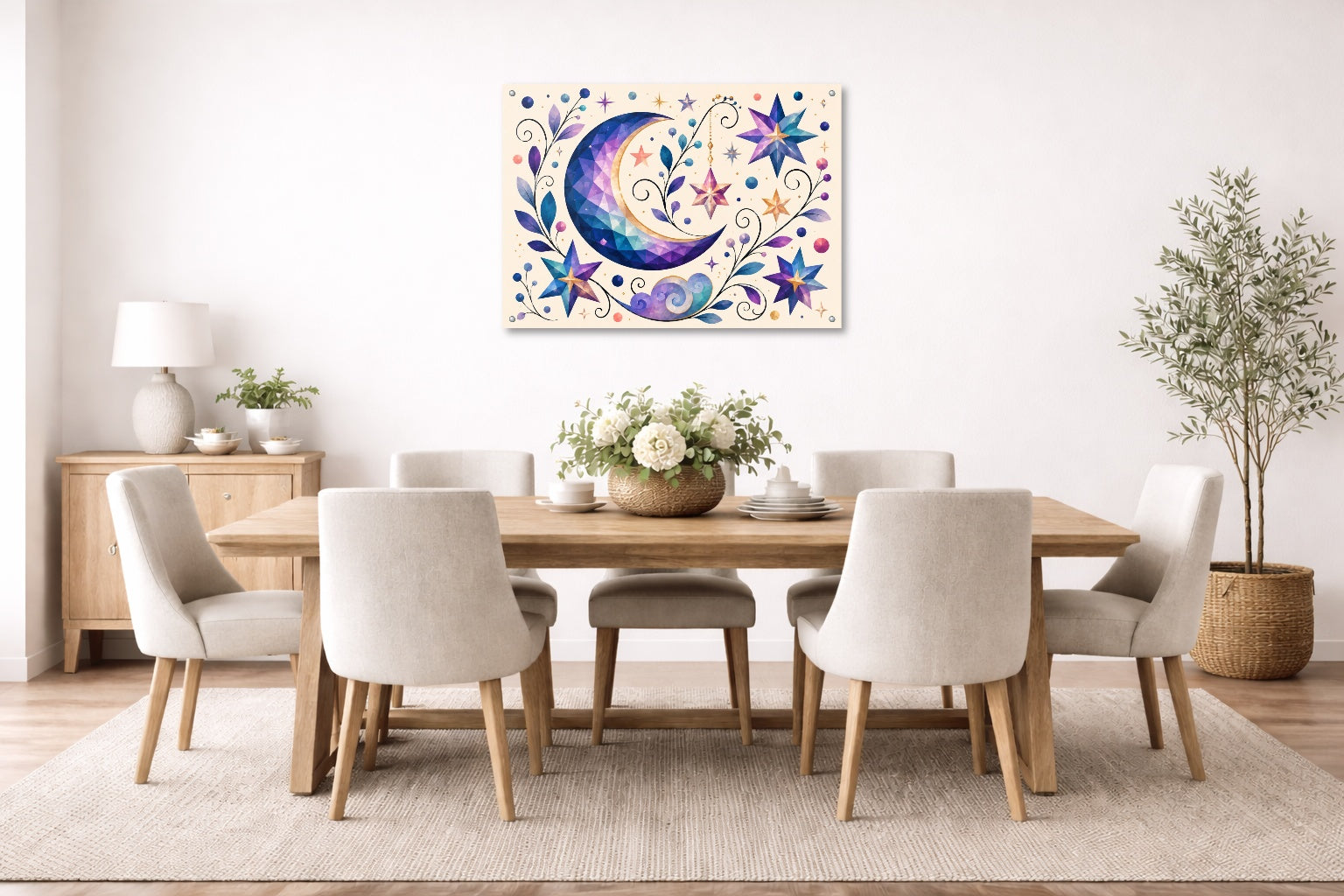 Moon & Stars - Geometric Painting printed on aluminum metal with wall anchors. Hung on a dining room wall.
