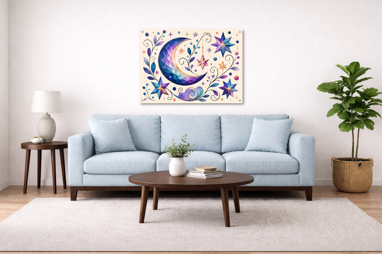 Moon & Stars - Geometric Painting printed on aluminum metal with wall anchors. Hung on a living room wall.