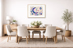 Moon & Stars - Geometric Painting printed on fine art paper, framed on a oak frame and matted. Hung on a dining room wall.
