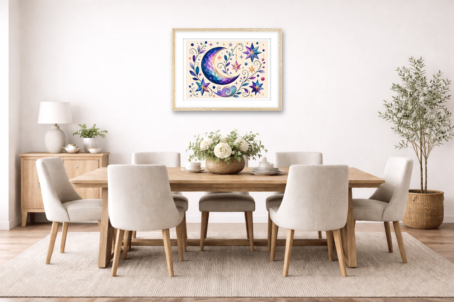 Moon & Stars - Geometric Painting printed on fine art paper, framed on a oak frame and matted. Hung on a dining room wall.