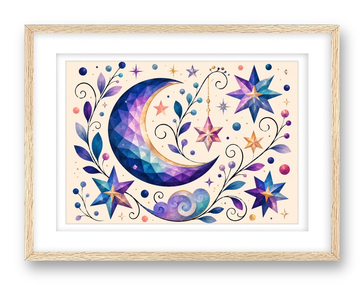 Moon & Stars - Geometric Painting printed on fine art paper, framed on a oak frame and matted.