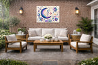 Moon & Stars - Geometric Painting printed on water resistant canvas and mounted on a waterproof frame. Hung on a patio wall.