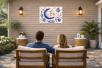 Moon & Stars - Geometric Painting printed on water resistant canvas and mounted on a waterproof frame. Hung on a patio wall with couple.
