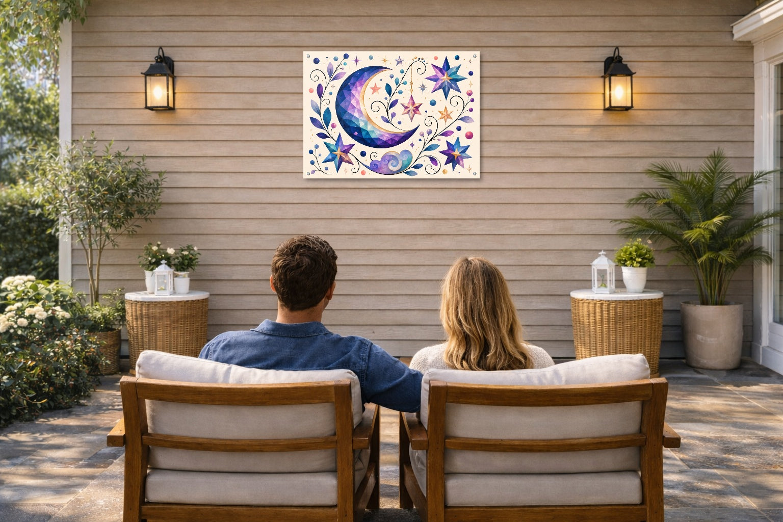 Moon & Stars - Geometric Painting printed on water resistant canvas and mounted on a waterproof frame. Hung on a patio wall with couple.