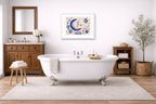 Moon & Stars - Geometric Painting printed on fine art paper, framed on a white frame and matted. Hung on a bathroom wall