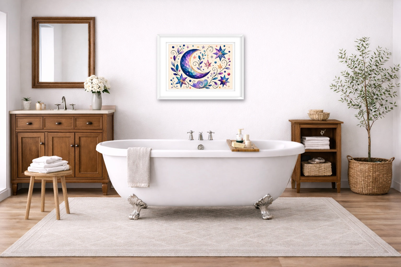 Moon & Stars - Geometric Painting printed on fine art paper, framed on a white frame and matted. Hung on a bathroom wall