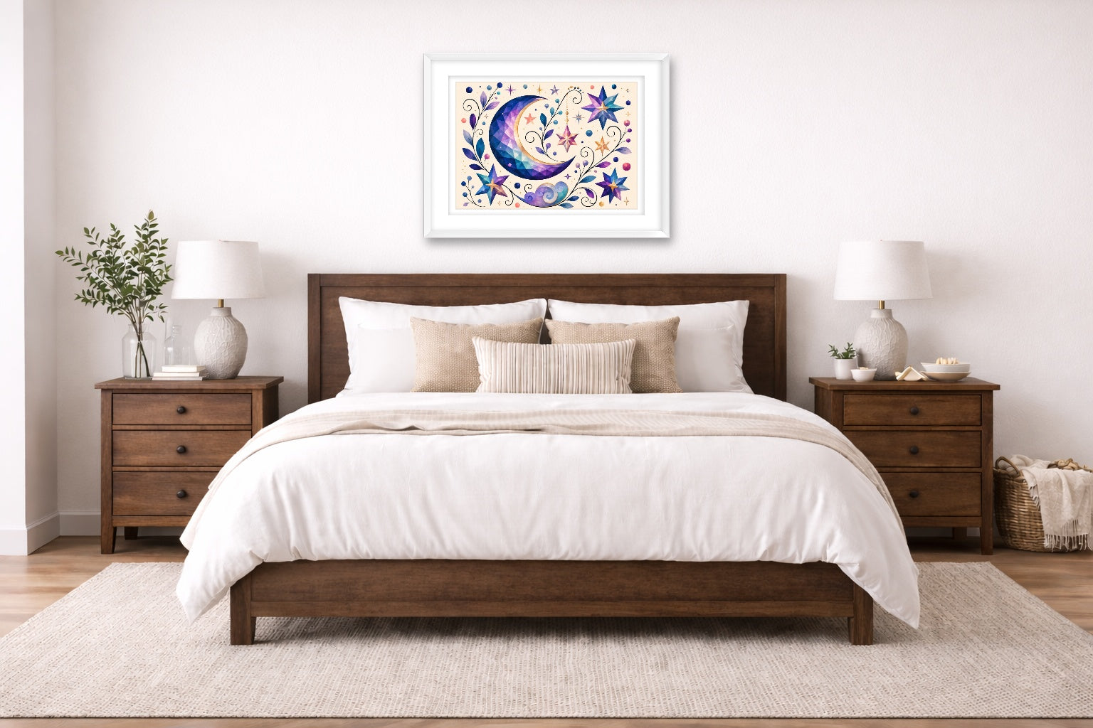 Moon & Stars - Geometric Painting printed on fine art paper, framed on a white frame and matted. Hung on a bedroom room wall