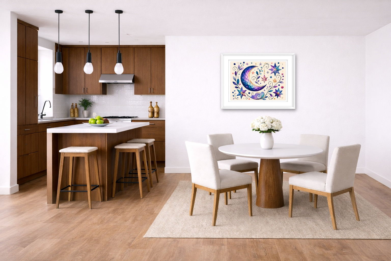 Moon & Stars - Geometric Painting printed on fine art paper, framed on a white frame and matted. Hung on a kitchen-dinette wall.