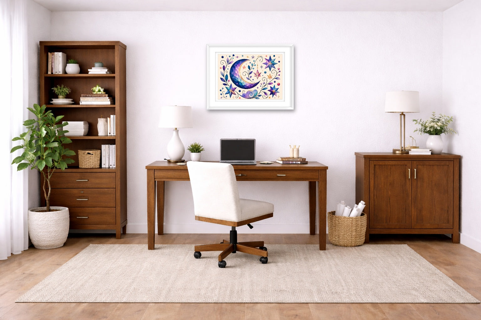 Moon & Stars - Geometric Painting printed on fine art paper, framed on a white frame and matted. Hung on a home office wall.