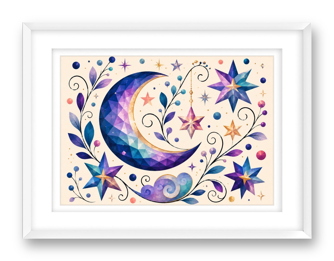 Moon & Stars - Geometric Painting printed on fine art paper, framed on a white frame and matted.