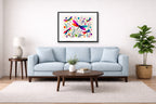 Dragonflies - Geometric Painting printed on fine art paper, framed on a black frame and matted and hung on a Living Room wall above a couch